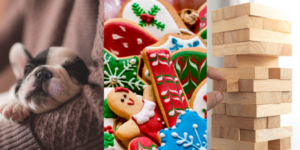 Side by side images of a sleeping puppy, Christmas cookies, and block tower game being played.