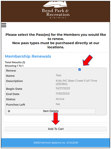 screenshot of auto billing instructions highlighting adding a renewal to shopping cart