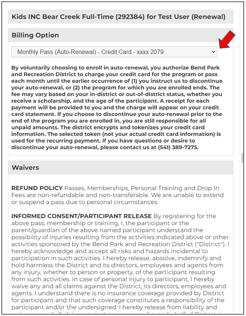 screenshot of auto billing instructions highlighting reviewing billing options