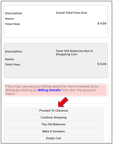 screenshot of auto billing instructions highlighting proceeding to checkout