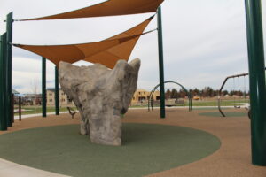 Rock climbing feature at the playground of Fieldstone Park.