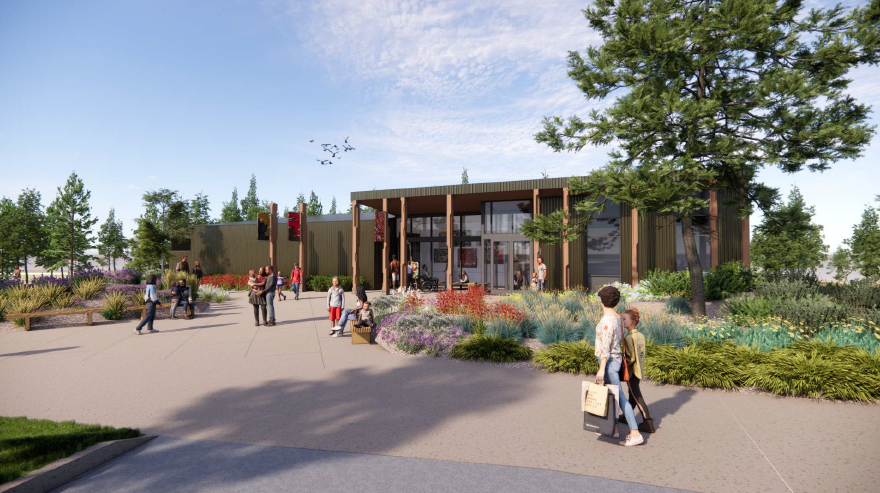 Conceptual rendering of the planned Art Station building, including paved path, vegetation, and patrons.