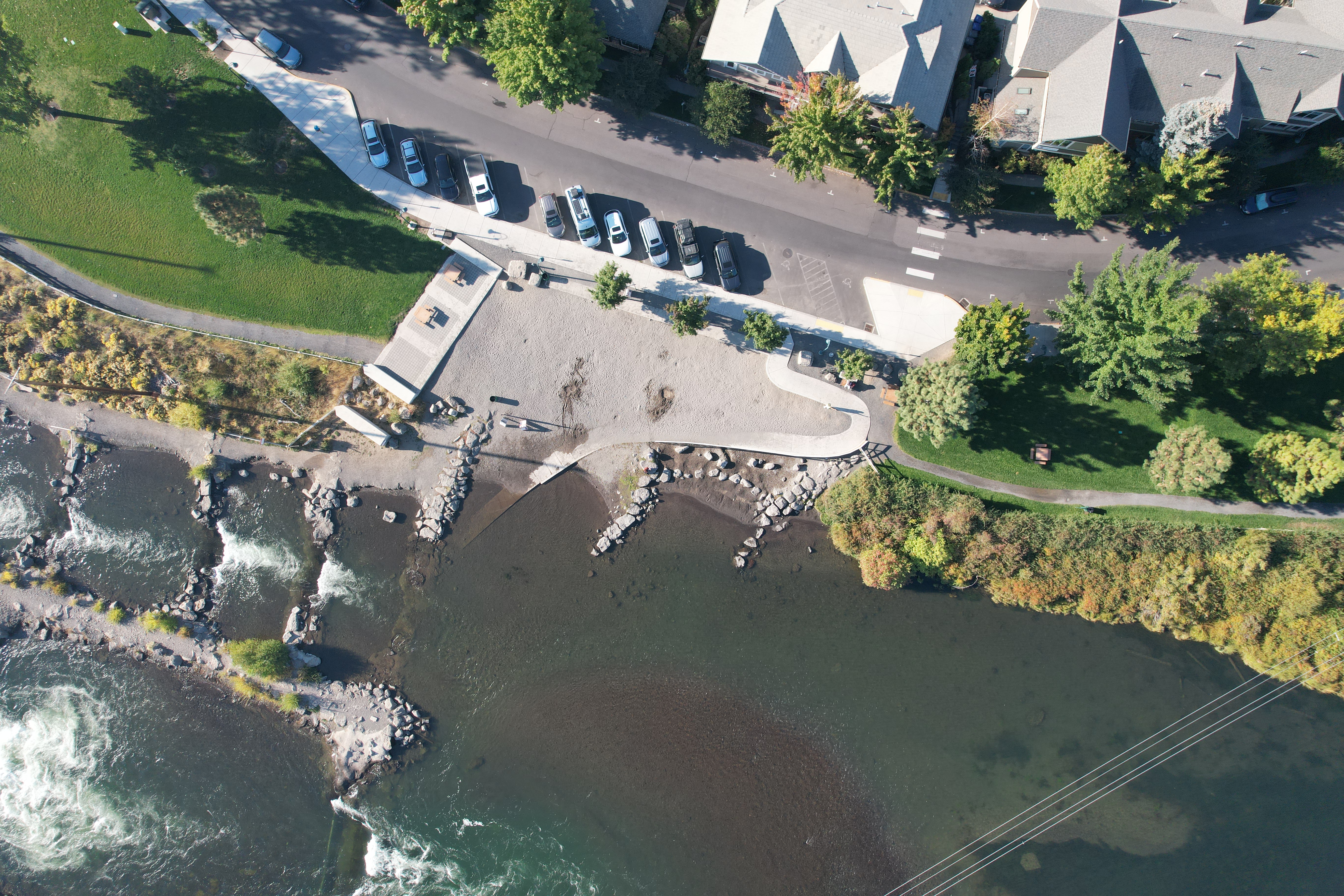 An aerial view of McKay Park beach and the deschutes river
