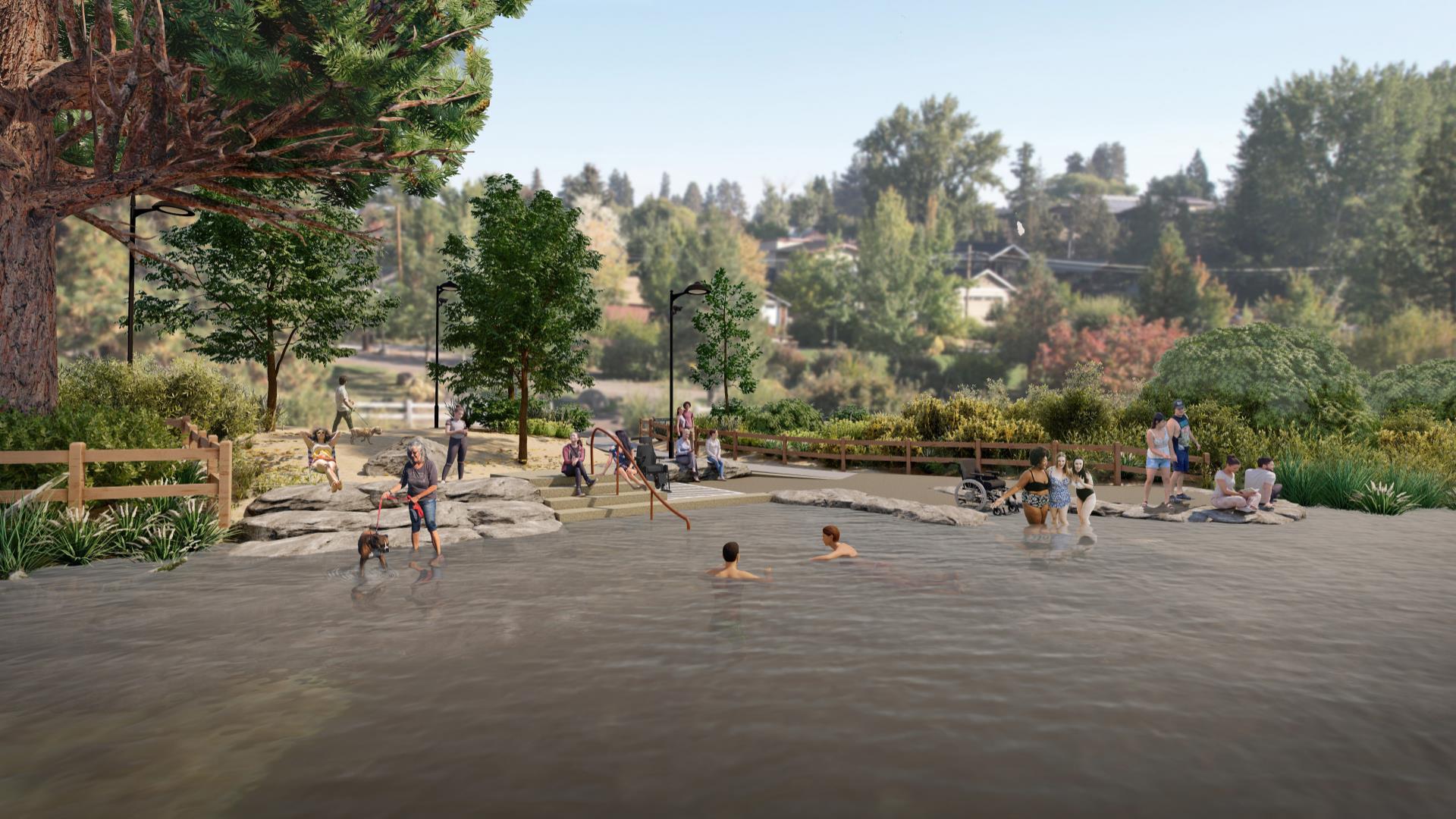 Composited image of patrons enjoying the proposed river access