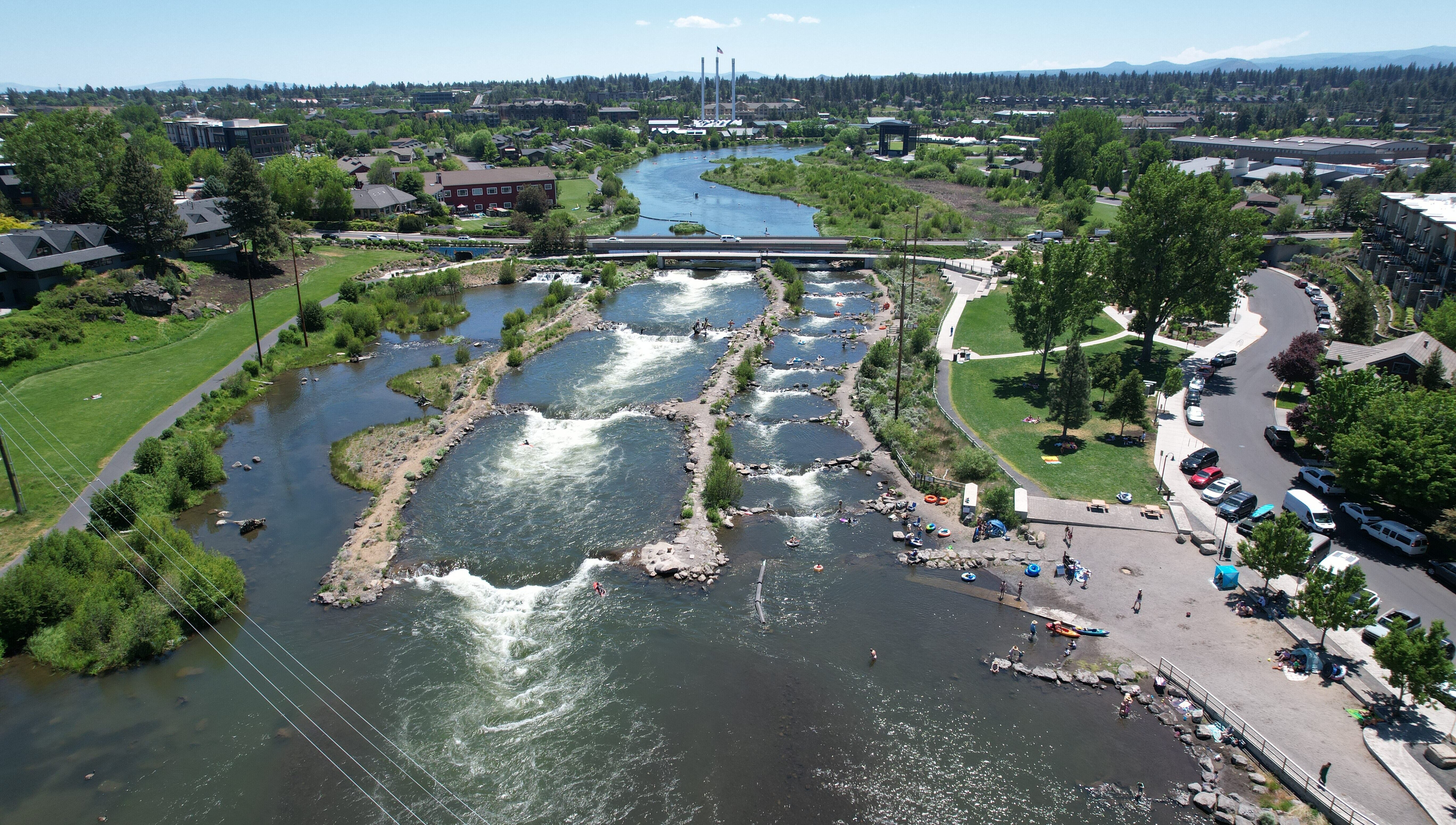 An aerial view of the whitewater park and McKay Park