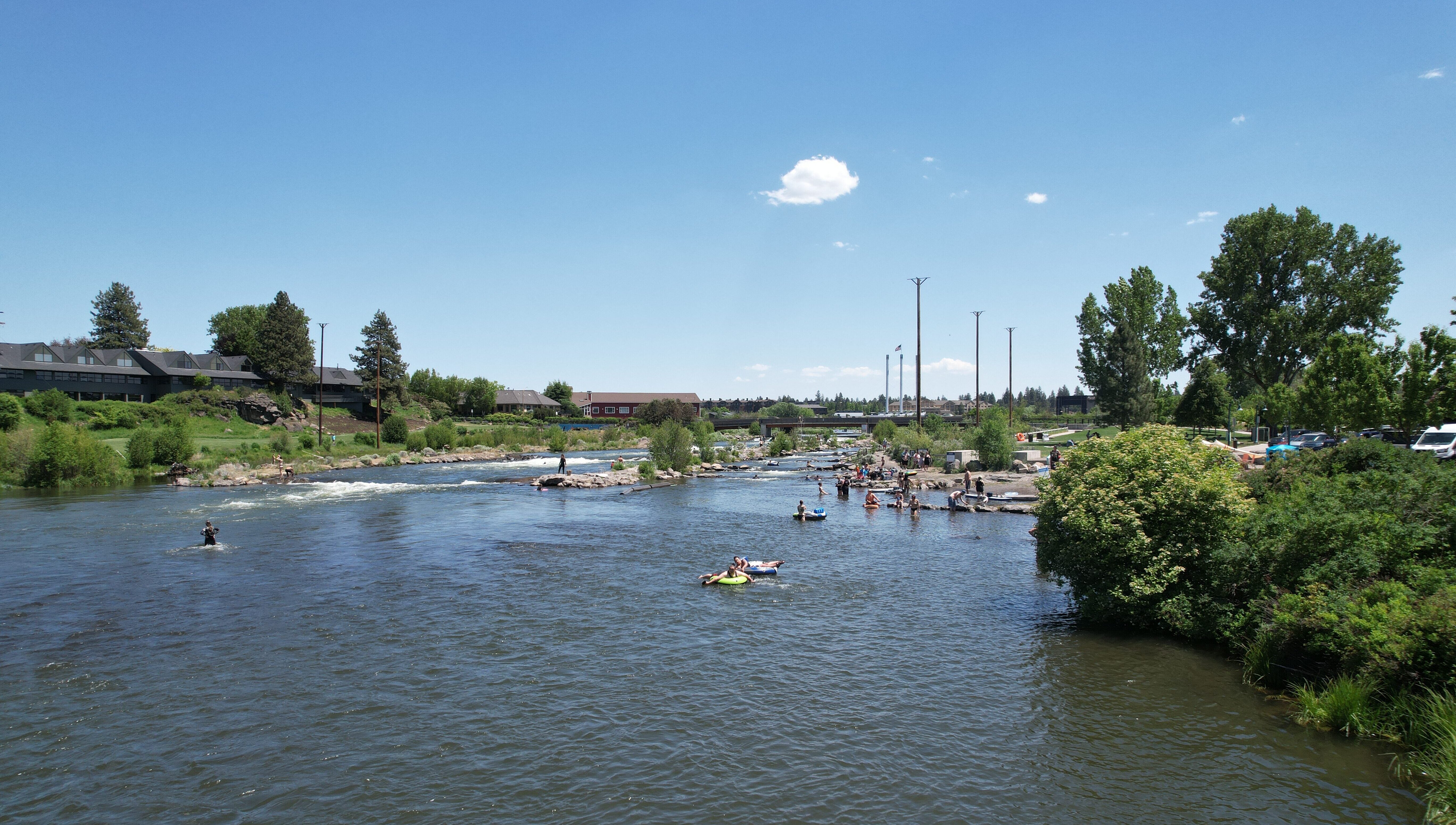 An aerial view of the whitewater park and McKay Park