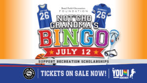 text that says Not'Cho Grandmas Bingo July 12. Tickets on sale now with graphics of sports equipment and jerzees