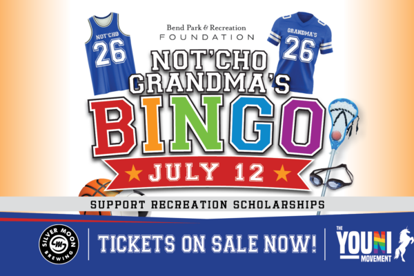 text that says Not'Cho Grandmas Bingo July 12. Tickets on sale now with graphics of sports equipment and jerzees