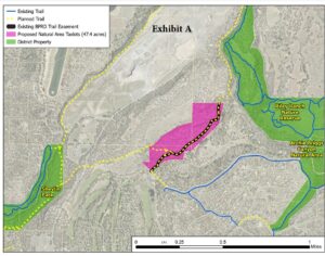 Map of the north section of the Deschutes River Trail with Shevlin Park and Riley Ranch Nature Reserve prominently featured in green color and the proposed trail connection and 43 acres of new land highlighted in pink.
