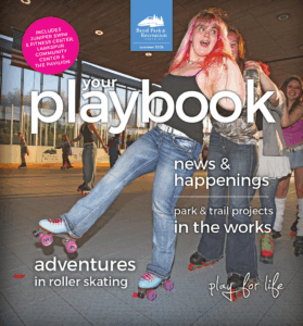 summer Playbook cover featuring group of roller skaters dancing at an evening session at The Pavilion