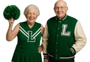 Image of older couple wearing green lettermen jackets.