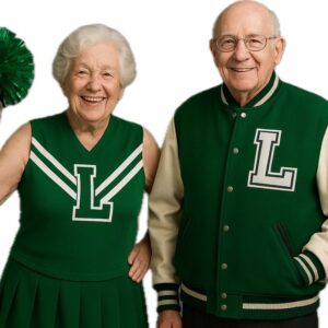 Image of older couple wearing green lettermen jackets.