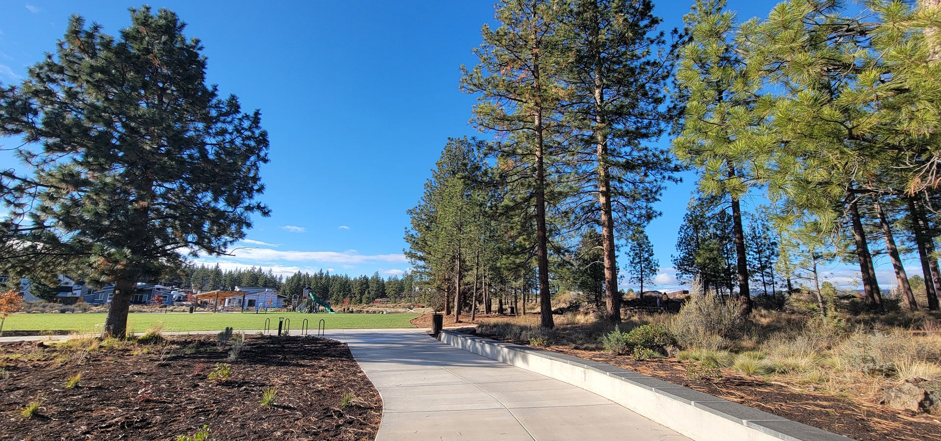 Photo of the paved path and grass field at Manzanita Rdige Park