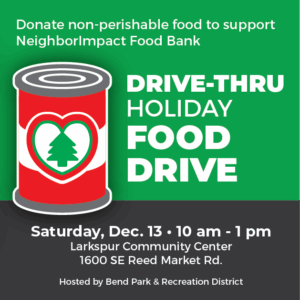Holiday food drive-thru to benefit NeighborImpact with a graphic of a holiday themed can of food