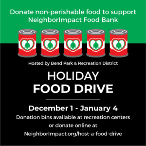 Graphic for holiday food drive, December 1 - January 4, with canned food graphic featuring hearts and holiday trees