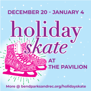 Promotional graphic for Holiday Skate at the Pavilion featuring festive ice skates.