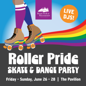 Roller Pride Social Art 2026_1005x1005 roller pride 2026 roller skate and rainbow graphic for June 26 - 28 with Live DJs